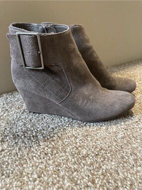 Suede Wedge Ankle Boot with Buckle Detail in Taupe